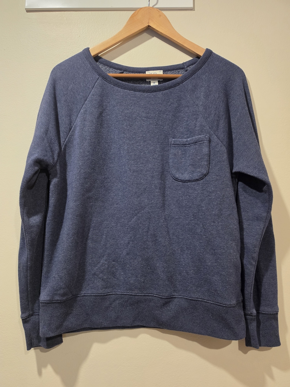 J. Crew Vintage Fleece Raglan Sweatshirt Heather Navy Blue Pocket Pullover Sz M